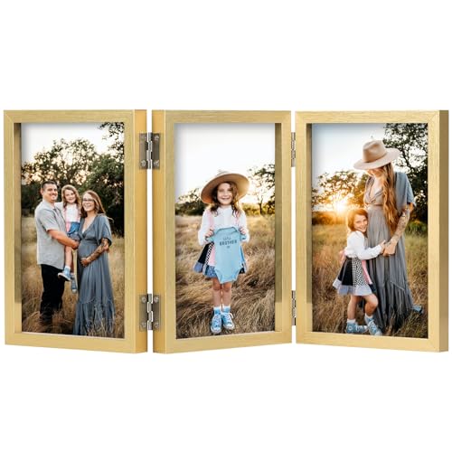 AVEAX Bilderrahmen für 3 Fotos, 13x18 cm Aufklappbar Holz Fotorahmen mit Glasfront, Gold von AVEAX