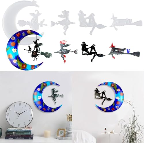 Epoxidharz Silikonform, 5 Stück Halloween Mond und Hexe Harzform, Epoxidharzform für DIY Wohnzimmer Wand hängende Tischplatte Dekoration Schlüsselanhänger Halloween Wohnkultur Geschenke (Weiß) von AVEKI