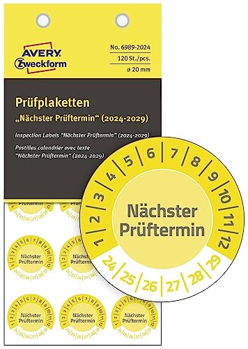 AVERY Zweckform 120 Prüfplaketten Nächster Prüftermin 2024-2029 (fälschungssicher, selbstklebend, Ø 20 mm, Prüfaufkleber, beschriftbare Prüfsiegel aus Dokumentenfolie) Art. 6989-2024, gelb von AVERY Zweckform