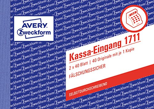 AVERY Zweckform 1711 Kassa-Eingang speziell für Österreich (A6 quer, 2x40 Blatt, selbstdurchschreibend mit farbigem Durchschlag, fälschungssicherer Dokumentendruck) weiß/rosa von AVERY Zweckform