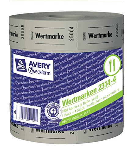 AVERY Zweckform 2314-4 Wertmarken (auf Rolle, fortlaufend nummeriert, 4 x 1000 Bons) weiß von AVERY Zweckform