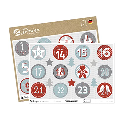 AVERY Zweckform 24 Aufkleber Aufkleber Adventskalender Zahlen (Made in Germany, Weihnachtssticker A5 Bogen Silberprägung, Papier selbstklebend, Sticker Adventskalender, Weihnachtskalender) 54617 von AVERY Zweckform