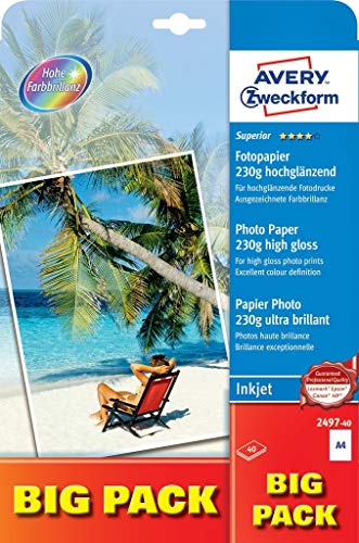 Avery Zweckform Art. 2496 Everyday Inkjet Fotopapier (100 Blatt, 180 g/m², DIN A4, glänzende Fotokarten, einseitig beschichtet, sofort trocken & wischfest, Fotoblätter für Inkjet-Drucker) weiß von AVERY Zweckform