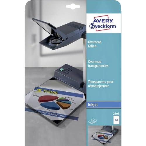 AVERY Zweckform 2503 Overhead-Folien für Inkjetdrucker (10 Transparentfolien, A4, spezialbeschichtet, stapelverarbeitbar, schnelle Farbaufnahme ohne Verschmieren und Verlaufen, Folienstärke 0,11mm) von AVERY Zweckform