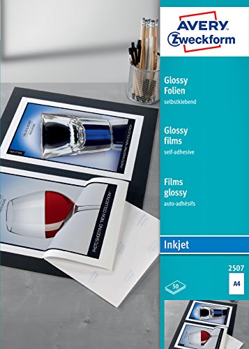 AVERY Zweckform 2507 Glossy Folien für Inkjetdrucker (50 selbstklebende Folien mit hoher Farbbrillanz in A4, beschichtet, hochglänzend, ideal für Fotos und Bilder, Folienstärke 0,2mm, lösemittelfrei) von AVERY Zweckform