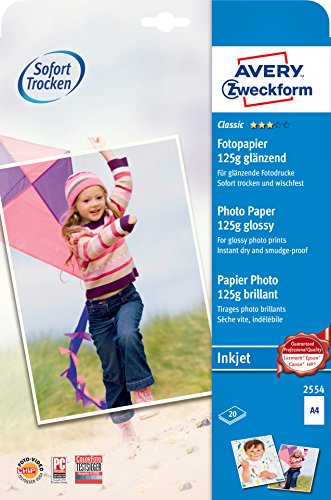 AVERY Zweckform 2554 Classic Inkjet Fotopapier (20 Blatt, 125 g/m², DIN A4 Papier, einseitig beschichtet, glänzend, weiß, zum Drucken von Fotos auf Tintenstrahldruckern, sofort trocknend) von AVERY Zweckform