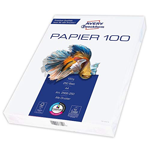 AVERY Zweckform 2566 Drucker-/Kopierpapier (250 Blatt, 100 g/m², DIN A4 Papier, hochweiß, für alle Drucker) 1 Pack von AVERY Zweckform