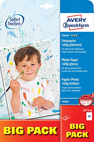 AVERY Zweckform 2573-60 Classic Inkjet Fotopapier (60 Blatt, 160 g/m², DIN A4 Papier, einseitig beschichtet, glänzend, weiß, zum Drucken von Fotos auf Tintenstrahldruckern, sofort trocknend) von AVERY Zweckform