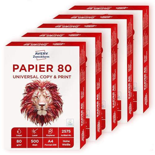 AVERY Zweckform 2575 Drucker-/Kopierpapier (2.500 Blatt, 80 g/m², DIN A4 Papier, für alle Drucker) 1 Box mit 5 Pack, weiß von AVERY Zweckform