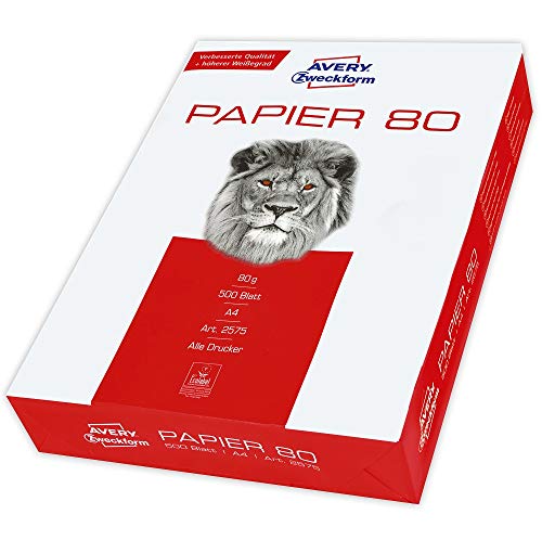 AVERY Zweckform 2575 Drucker-/Kopierpapier (500 Blatt, 80 g/m², DIN A4 Papier, für alle Drucker) 1 Pack, weiß von AVERY Zweckform