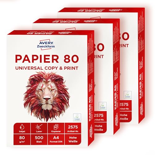 AVERY Zweckform 2575 Druckerpapier, Kopierpapier (1.500 Blatt, 80 g/m², DIN A4 Papier, für alle Drucker) 1 Box mit 3 Pack, weiß von AVERY Zweckform