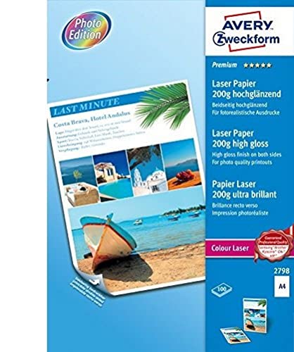 AVERY Zweckform 2798 Premium Colour Laser Papier (100 Blatt, 200 g/m², DIN A4 Papier, beidseitig beschichtet, hochglänzend, weiß, FSC, für Fotodrucke mit Farblaserdrucker) 1 Pack von AVERY Zweckform