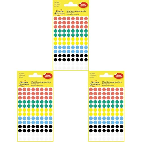 AVERY Zweckform 3090 selbstklebende Markierungspunkte 416 Stück (Ø8mm, Klebepunkte auf 4 Bogen, Punktaufkleber zur Farbcodierung, runde Aufkleber für Kalender, Planer und zum Basteln, Papier) bunt von AVERY Zweckform