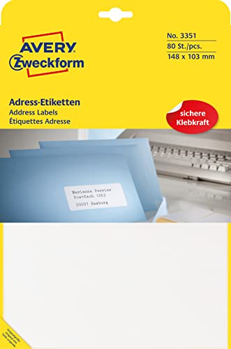 AVERY Zweckform 3351 Adress-Etiketten (Papier matt, 80 Etiketten, 148 x 103 mm, 20 Blatt) weiß von AVERY Zweckform