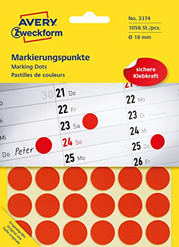 AVERY Zweckform 3374 selbstklebende Markierungspunkte (Ø 18 mm, 1.056 Klebepunkte auf 22 Bogen, runde Aufkleber für Kalender, Planer und zum Basteln, Papier, matt) rot von AVERY Zweckform