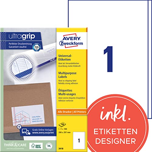 AVERY Zweckform 3418 Universal Etiketten (100 Klebeetiketten, 200x297mm auf A4, Papier matt, bedruckbare Versandetiketten, selbstklebende Versandaufkleber mit ultragrip, DHL) 100 Blatt, weiß von AVERY Zweckform