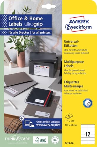 AVERY Zweckform 3424-10 Adressaufkleber (120 Etiketten, 105x48mm auf A4, FSC, bedruckbareAbsenderetiketten, selbstklebende Klebeetiketten mit ultragrip, ideal fürs HomeOffice) 10 Blatt, weiß von AVERY Zweckform