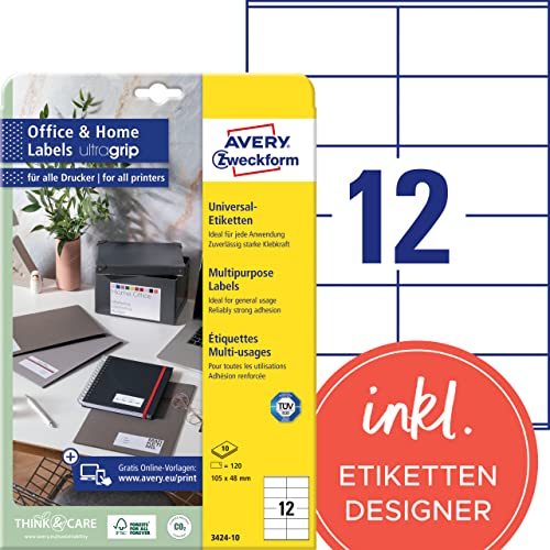 AVERY Zweckform 3424-10 Adressaufkleber (120 Etiketten, 105x48mm auf A4, FSC, bedruckbareAbsenderetiketten, selbstklebende Klebeetiketten mit ultragrip, ideal fürs HomeOffice) 10 Blatt, weiß von AVERY Zweckform