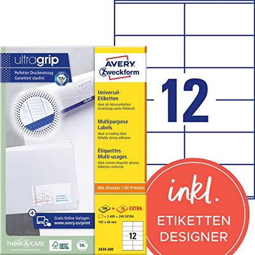 AVERY Zweckform 3424-200 Adressaufkleber (2.400 plus 240 Klebeetiketten extra, 105x48mm auf A4, individuell bedruckbare Absenderetiketten, selbstklebende Adressetiketten mit ultragrip) 220 Blatt, weiß von AVERY Zweckform