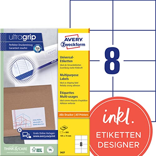 AVERY Zweckform 3427 Universal Etiketten (800 Klebeetiketten, 105x74mm auf A4, Papier matt, bedruckbare Versandetiketten, selbstklebende Versandaufkleber mit ultragrip) 100 Blatt, weiß von AVERY Zweckform