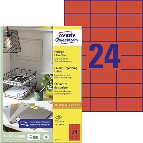 AVERY Zweckform 3448 Rote Etiketten (2.400 Aufkleber, 70x37mm auf A4, permanent haftend, selbstklebende Farbetiketten, Papier matt, bedruckbare, farbige Klebeetiketten) 100 Blatt von AVERY Zweckform