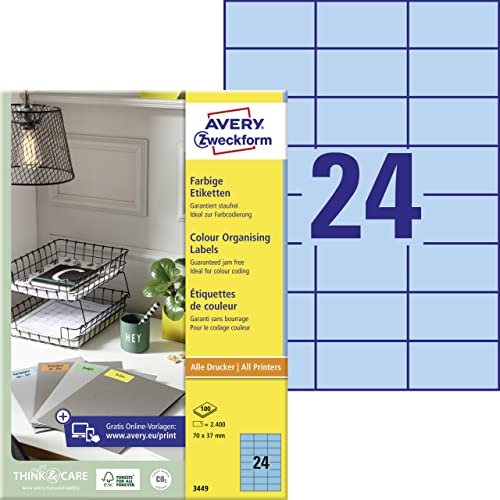 AVERY Zweckform 3449 Blaue Etiketten (2.400 Aufkleber, 70x37mm auf A4, permanent haftend, selbstklebende Farbetiketten, Papier matt, bedruckbare, farbige Klebeetiketten) 100 Blatt von AVERY Zweckform