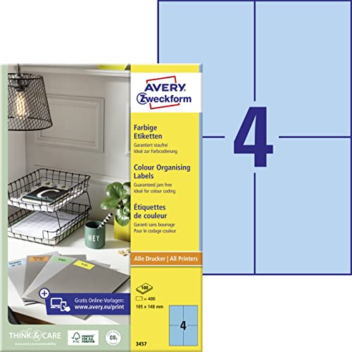 AVERY Zweckform 3457 Blaue Etiketten (400 Aufkleber, 105x148mm auf A4, permanent haftend, selbstklebende Farbetiketten, Papier matt, bedruckbare, farbige Klebeetiketten) 100 Blatt von AVERY Zweckform