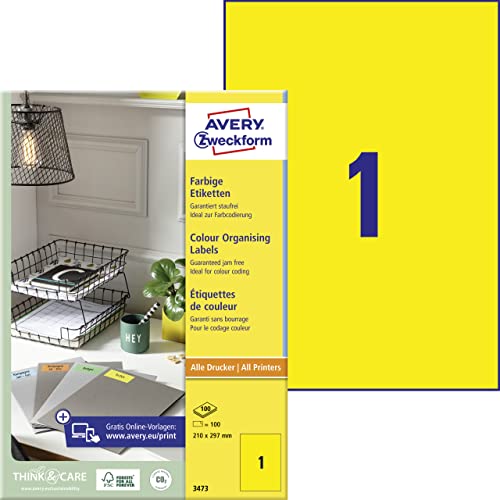 AVERY Zweckform 3473 Gelbe Etiketten (100 Aufkleber, 210x297mm auf A4, permanent haftend, selbstklebende Farbetiketten, Papier matt, bedruckbare, farbige Klebeetiketten) 100 Blatt von AVERY Zweckform