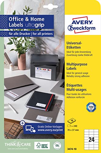 AVERY Zweckform 3474-10 Adressaufkleber (240 Klebeetiketten, 70x37 mm auf A4, bedruckbare Absenderetiketten, selbstklebende Adressetiketten mit ultragrip, ideal fürs HomeOffice) 10 Blatt, weiß von AVERY Zweckform