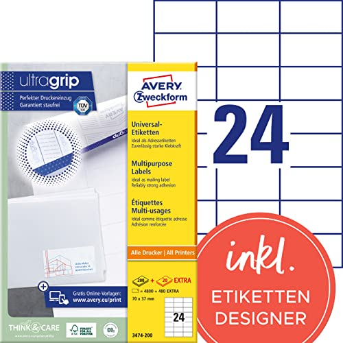 AVERY Zweckform 3474-200 Adressaufkleber (4.800 plus 480 Klebeetiketten extra, 70x37mm auf A4, Papier matt, bedruckbare Absenderetiketten, selbstklebende Adressetiketten mit ultragrip) 220 Blatt, weiß von AVERY Zweckform