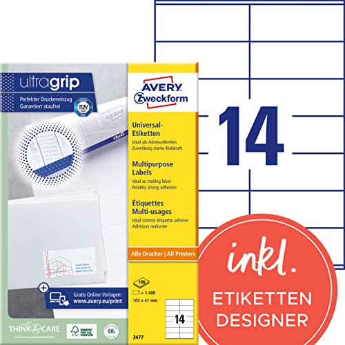 AVERY Zweckform 3477 Adressaufkleber (1.400 Klebeetiketten, 105x41mm auf A4, Papier matt, individuell bedruckbare Absenderetiketten, selbstklebende Adressetiketten mit ultragrip) 100 Blatt, weiß von AVERY Zweckform