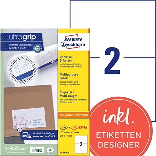 AVERY Zweckform 3655-200 Universal Etiketten (400 plus 40 Klebeetiketten extra, 210x148mm auf A4, bedruckbare Versandetiketten, selbstklebende Versandaufkleber mit ultragrip, DHL) 220 Blatt, weiß von AVERY Zweckform