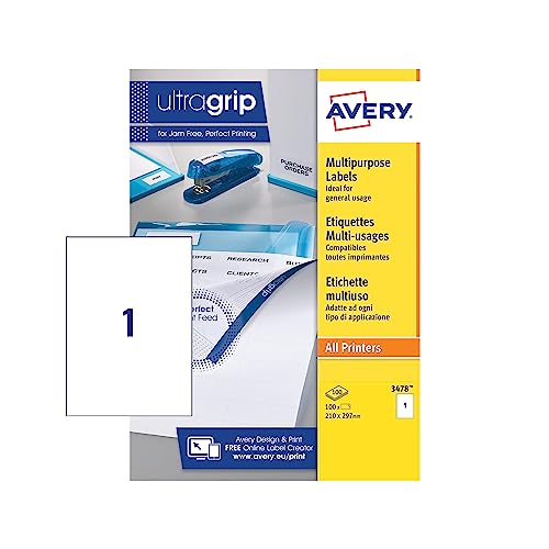 AVERY Zweckform 3478 Universal Etiketten (100 Klebeetiketten, 210x297mm, Papier matt, bedruckbare Versandetiketten, selbstklebende Versandaufkleber mit ultragrip) 100 Blatt, weiß von AVERY Zweckform