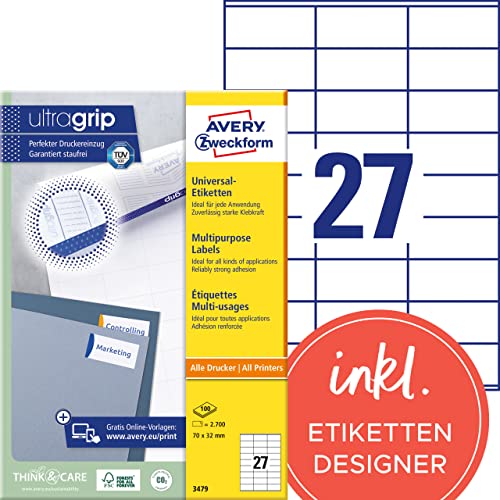 AVERY Zweckform 3479 Universal Etiketten (2.700 Klebeetiketten, 70x32mm auf A4, Papier matt, individuell bedruckbar, selbstklebende Aufkleber mit ultragrip) 100 Blatt, weiß von AVERY Zweckform