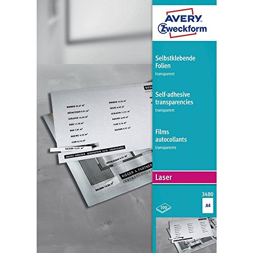 AVERY Zweckform 3480 Transparente Folien für Laserdrucker und Kopierer (100 selbstklebende Folien, A4, mattierte Oberfläche, hervorragend bezeichenbar, stapelverarbeitbar, Folienstärke 0,14mm) von AVERY Zweckform