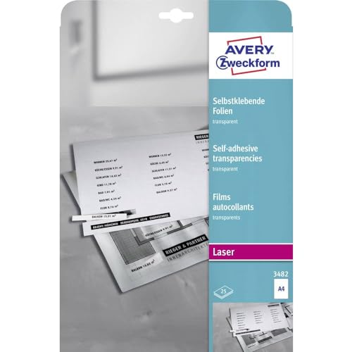 AVERY Zweckform 3482 Transparente Folien für Laserdrucker und Kopierer (25 selbstklebende Folien, A4, mattierte Oberfläche, hervorragend bezeichenbar, stapelverarbeitbar, Folienstärke 0,14mm) von AVERY Zweckform