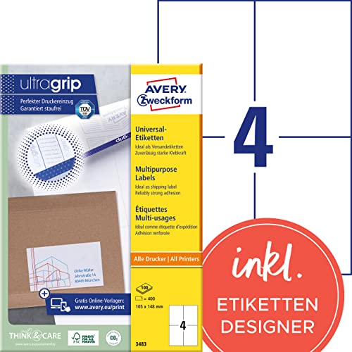 AVERY Zweckform 3483 Universal Etiketten (400 Klebeetiketten, 105x148mm auf A4, Papier matt, bedruckbare Versandetiketten, selbstklebende Versandaufkleber mit ultragrip) 100 Blatt, weiß von AVERY Zweckform