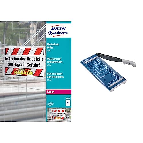 AVERY Zweckform 3487 Wetterfeste Folien, extrem strapazierfähig (A4, 210x297 mm, 100 Folien auf 100 Bogen) weiß & Dahle 502 Papierschneider (Bis DIN A4, 8 Blatt Schneidleistung) blau von AVERY Zweckform