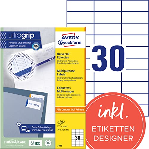 AVERY Zweckform 3489 Universal Etiketten (3.000 Klebeetiketten, 70x29,7mm auf A4, Papier matt, individuell bedruckbar, selbstklebende Aufkleber mit ultragrip) 100 Blatt, weiß von AVERY Zweckform