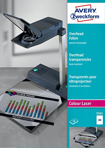 AVERY Zweckform 3561 Overhead-Folien für Farblaserdrucker (50 Transparentfolien, A4, spezialbeschichtet, stapelverarbeitbar, extrem hitzestabil durch erhöhte Folienstärke 0,13mm, lösemittelfrei) von AVERY Zweckform