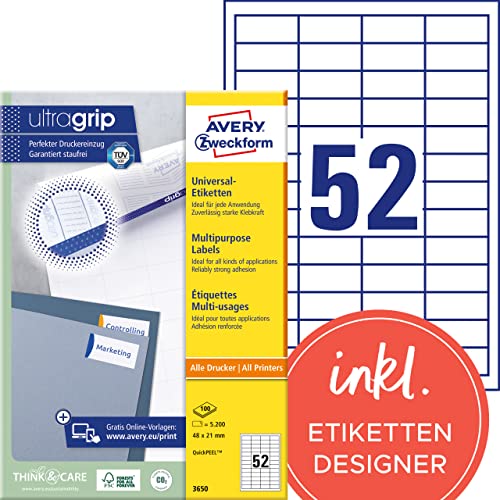 AVERY Zweckform 3650 Universal Etiketten (5.200 Klebeetiketten, 48x21mm auf A4, Papier matt, individuell bedruckbar, selbstklebende Aufkleber mit ultragrip) 100 Blatt, weiß von AVERY Zweckform