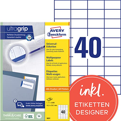 AVERY Zweckform 3651 Universal Etiketten (4.000 Klebeetiketten, 52,5x29,7mm auf A4, Papier matt, individuell bedruckbar, selbstklebende Aufkleber mit ultragrip) 100 Blatt, weiß von AVERY Zweckform