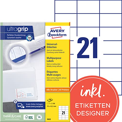 AVERY Zweckform 3652 Adressaufkleber (2.100 Klebeetiketten, 70x42,3mm auf A4, Papier matt, bedruckbare Absenderetiketten, selbstklebende Adressetiketten mit ultragrip) 100 Blatt, weiß von AVERY Zweckform