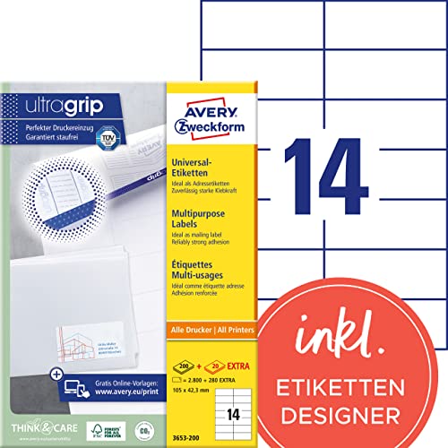 AVERY Zweckform 3653-200 Adressaufkleber (2.800 plus 280 Klebeetiketten extra, 105x42,3mm auf A4, bedruckbare Absenderetiketten, selbstklebende Adressetiketten mit ultragrip) 220 Blatt, weiß von AVERY Zweckform