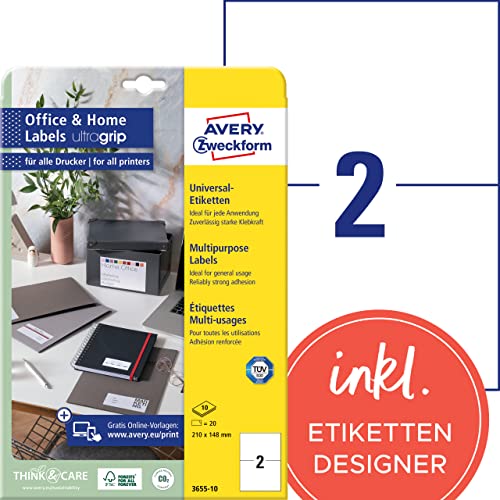 AVERY Zweckform 3655-10 Universal Etiketten (20 Adressaufkleber, 210x148mm auf A4, bedruckbare Versandetiketten, selbstklebende Klebeetiketten mit ultragrip, DHL, fürs HomeOffice) 10 Blatt, weiß von AVERY Zweckform