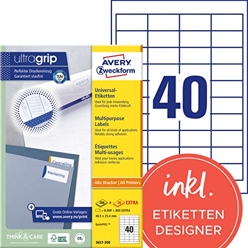 AVERY Zweckform 3657-200 Universal Etiketten (8.000 plus 800 Klebeetiketten extra, 48,5x25,4mm auf A4, Papier matt, individuell bedruckbar, selbstklebende Aufkleber mit ultragrip) 220 Blatt, weiß von AVERY Zweckform