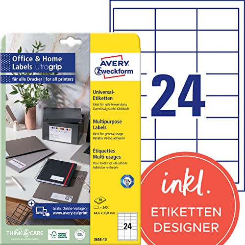 AVERY Zweckform 3658-10 Adressaufkleber (240 Klebeetiketten, 64,6x33,8 mm auf A4, bedruckbare Absenderetiketten, selbstklebende Adressetiketten mit ultragrip, ideal fürs HomeOffice) 10 Blatt, weiß von AVERY Zweckform