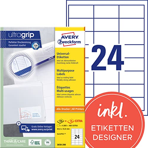 AVERY Zweckform 3658-200 Adressaufkleber (4.800 plus 480 Klebeetiketten extra, 64,6x33,8mm auf A4, bedruckbare Absenderetiketten, selbstklebende Adressetiketten mit ultragrip) 220 Blatt, weiß von AVERY Zweckform