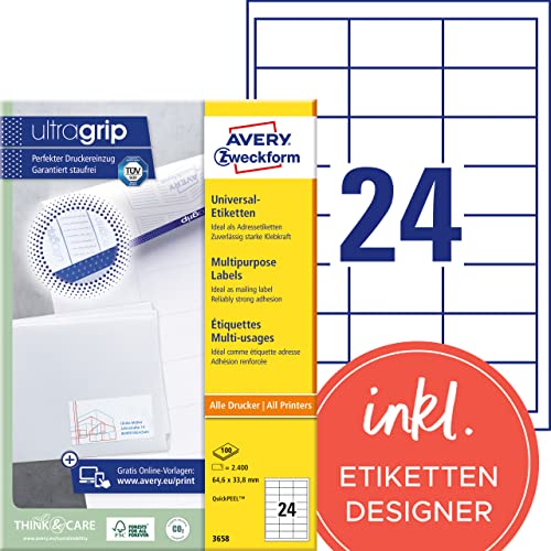 AVERY Zweckform 3658 Adressaufkleber (2.400 Klebeetiketten, 64,6x33,8mm auf A4, Papier matt, bedruckbare Absenderetiketten, selbstklebende Adressetiketten mit ultragrip) 100 Blatt, weiß von AVERY Zweckform