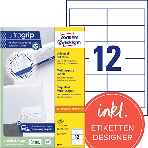 AVERY Zweckform 3659 Adressaufkleber (1.200 Klebeetiketten, 97x42,3mm auf A4, Papier matt, bedruckbare Absenderetiketten, selbstklebende Adressetiketten mit ultragrip) 100 Blatt, weiß von AVERY Zweckform